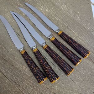 Vintage Bristol Stainless Steel Faux Horn Handle Knives Set of 5 MCM